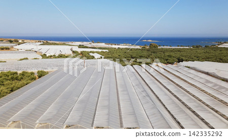 Extensive coastal farming with vast plastic greenhouses and olive groves near the Mediterranean Sea in Crete Extensive coastal farming with vast plastic greenhouses and olive groves near the Mediterranean Sea in Crete 142335292