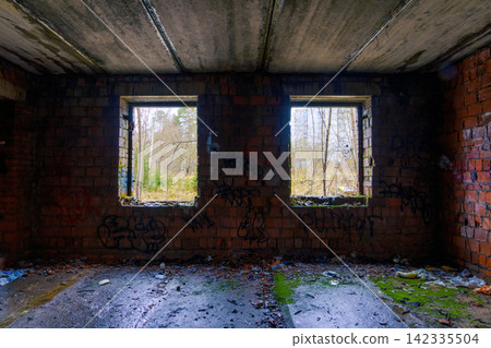 Abandoned brick interior with two window openings overlooking overgrown woodland and leafless trees Abandoned brick interior with two window openings overlooking overgrown woodland and leafless trees 142335504