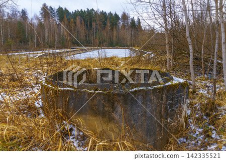 Concrete circular structure in winter marsh with birch trees and distant pine forest Concrete circular structure in winter marsh with birch trees and distant pine forest 142335521