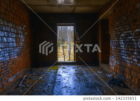 Abandoned brick room with doorway view toward sunlit overgrown forest clearing, with abandoned, brick, room, doorway detail Abandoned brick room with doorway view toward sunlit overgrown forest clearing, with abandoned, brick, room, doorway detail 142335651