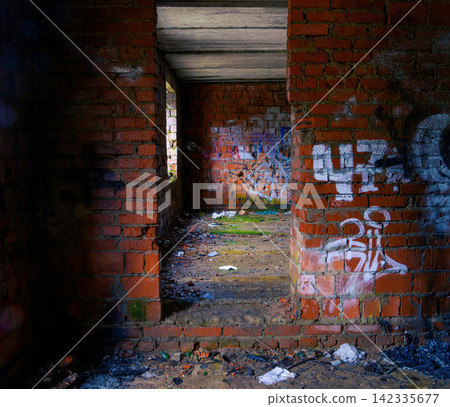 Abandoned brick interior with graffiti covered walls, doorway corridors and scattered debris Abandoned brick interior with graffiti covered walls, doorway corridors and scattered debris 142335677