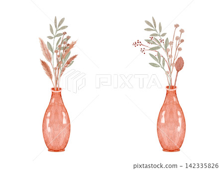 Two vases, dried flowers, pampas grass, branches and berries watercolor botanical set and frame. Hand-painted with copy space for invitations, greeting cards, stationery, posters and wedding designs 142335826