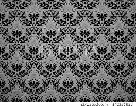 Floral pattern. Seamless vector background. Vintage wallpaper in the Baroque style. Gray and black ornament for fabric, wallpaper, packaging. Ornate Damask flower illustration Floral pattern. Seamless vector background. Vintage wallpaper in the Baroque style. Gray and black ornament for fabric, wallpaper, packaging. Ornate Damask flower illustration 142335923