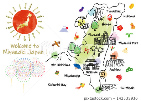 可愛的宮崎縣旅遊景點和幸運符手繪插圖地圖 可愛的宮崎縣旅遊景點和幸運符手繪插圖地圖 142335936
