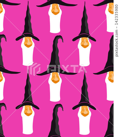 Goose in witch hats seamless pattern. Halloween character background, vector illustration. Goose in witch hats seamless pattern. Halloween character background, vector illustration. 142335980