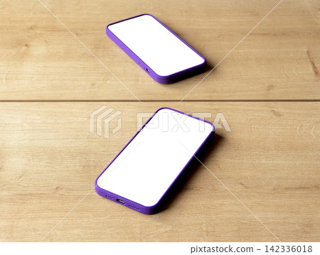 A smartphone with a blank white screen lies diagonally on a wooden table beside a mirror, its A smartphone with a blank white screen lies diagonally on a wooden table beside a mirror, its 142336018
