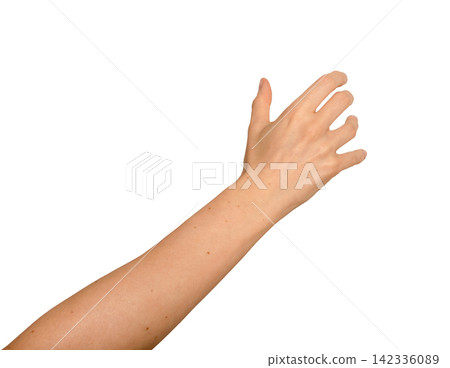 Knuckle-side view of a hand gripping a large item. Right arm extended in a firm holding position. Knuckle-side view of a hand gripping a large item. Right arm extended in a firm holding position. 142336089