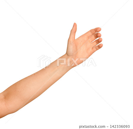 Left arm reaching out to grasp something unseen. Woman s hand extended in a grabbing motion sideways Left arm reaching out to grasp something unseen. Woman s hand extended in a grabbing motion sideways 142336093
