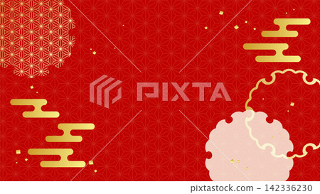 日式背景素材。紅色方格圖案,飾以雪圈和麻葉紋樣。適用於新年及新年賀卡。 日式背景素材。紅色方格圖案,飾以雪圈和麻葉紋樣。適用於新年及新年賀卡。 142336230