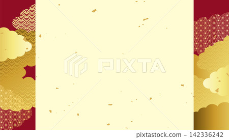 Japanese-style background material. Design using traditional Japanese patterns. Clouds, wave pattern, and hemp leaf pattern. Japanese-style background material. Design using traditional Japanese patterns. Clouds, wave pattern, and hemp leaf pattern. 142336242