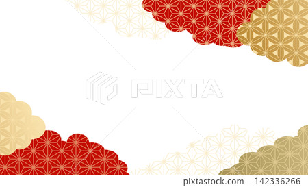 日式邊框背景素材。紅色和金色的雲朵圖案,點綴著麻葉和青海波紋。適用於新年或新年賀卡。 日式邊框背景素材。紅色和金色的雲朵圖案,點綴著麻葉和青海波紋。適用於新年或新年賀卡。 142336266