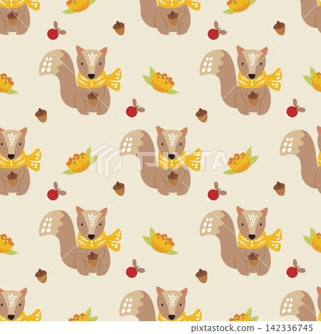Seamless pattern with adorable cute squirrels, acorns, and autumn flowers in kawaii cottagecore style, endless woodland animal background for textile and wrapping paper design vector illustration Seamless pattern with adorable cute squirrels, acorns, and autumn flowers in kawaii cottagecore style, endless woodland animal background for textile and wrapping paper design vector illustration 142336745