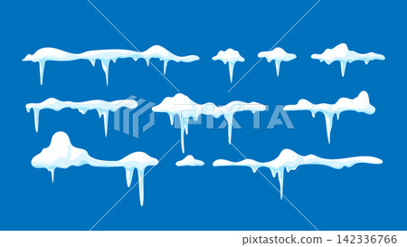 Snow caps set. White snow caps, snowdrifts, snow pile and icicles isolated on blue. Snowy elements on winter background. Winter elements decorations Snow caps set. White snow caps, snowdrifts, snow pile and icicles isolated on blue. Snowy elements on winter background. Winter elements decorations 142336766