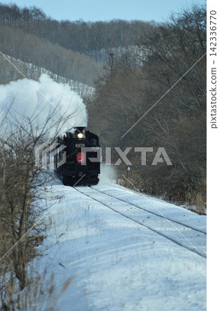 SL 冬季沼澤地列車沿著白雪皚皚的鐵軌穿過冬季森林。 SL 冬季沼澤地列車沿著白雪皚皚的鐵軌穿過冬季森林。 142336770