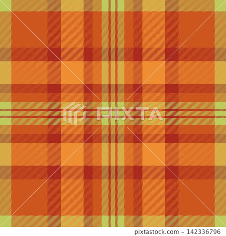 Random pattern plaid seamless, gold textile texture tartan. 50s background vector fabric check in orange and red colors. Random pattern plaid seamless, gold textile texture tartan. 50s background vector fabric check in orange and red colors. 142336796