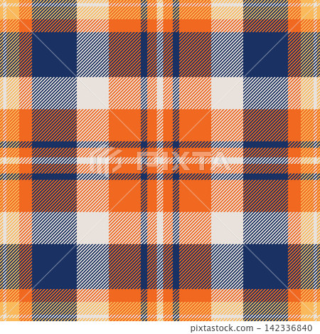 Seamless tartan plaid textile with balanced checks and a woven fabric texture. Orange and blue tones support classic fabric heritage in a decorative fabric surface for apparel prints. Seamless tartan plaid textile with balanced checks and a woven fabric texture. Orange and blue tones support classic fabric heritage in a decorative fabric surface for apparel prints. 142336840