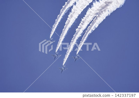 Blue Impulse aerobatic team at Matsushima Air Base conducts summer aerial training over the base in Higashimatsushima City, Miyagi Prefecture. Blue Impulse aerobatic team at Matsushima Air Base conducts summer aerial training over the base in Higashimatsushima City, Miyagi Prefecture. 142337197