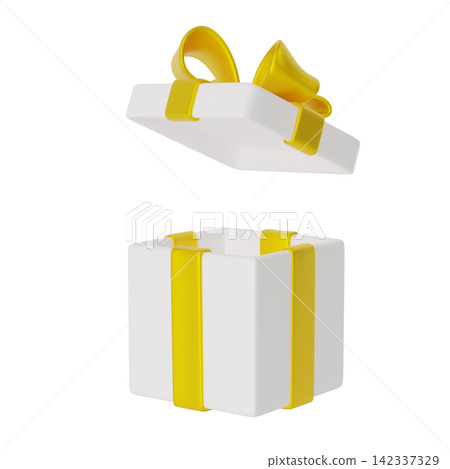 3d White gift box with a bright yellow ribbon and Open Lid isolated on background. Festive packaging ideal for gifts, celebrations, Birthday, Christmas. 3d render 3d White gift box with a bright yellow ribbon and Open Lid isolated on background. Festive packaging ideal for gifts, celebrations, Birthday, Christmas. 3d render 142337329