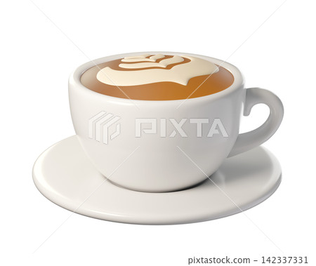 3D Cappuccino Coffee Cup with Latte Art Isolated. White ceramic mug ideal for coffee, bakery, cafe, restaurant menu and lifestyle. 3d render 142337331