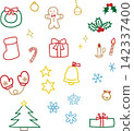 Christmas hand-drawn line art icon set (red, green, gold) 142337400