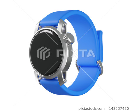 3D Blue Smartwatch with Silver Casing Isolated. Premium fitness icon for sport, active living, workout tracking, health app.3d render 3D Blue Smartwatch with Silver Casing Isolated. Premium fitness icon for sport, active living, workout tracking, health app.3d render 142337420