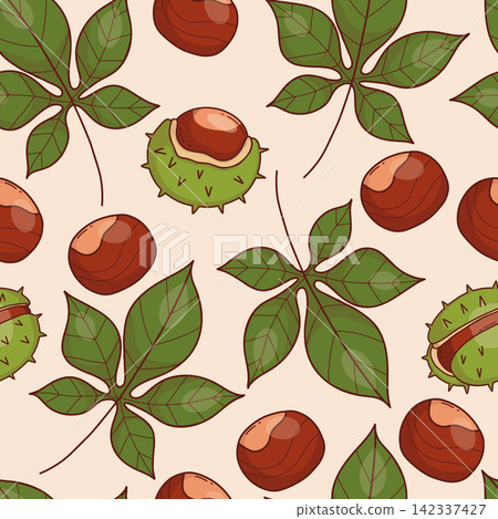 Chestnut Leaves and Nuts Seamless Pattern. Tree Whole Fruit, Open And Peeled In Spiky Green Husks on light Repeat Background. Hand Drawn Autumn Botanical Vector Illustration for Wrapping Paper Chestnut Leaves and Nuts Seamless Pattern. Tree Whole Fruit, Open And Peeled In Spiky Green Husks on light Repeat Background. Hand Drawn Autumn Botanical Vector Illustration for Wrapping Paper 142337427
