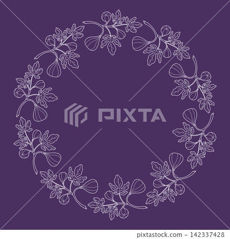 Fig Branch Botanical Wreath. White Line Art Frame with Ripe Fruit and Leaves on Dark Purple. Round Border Hand Drawn with Empty Copy Space Center. Vector Illustration Blank Template for Postcard, Fig Branch Botanical Wreath. White Line Art Frame with Ripe Fruit and Leaves on Dark Purple. Round Border Hand Drawn with Empty Copy Space Center. Vector Illustration Blank Template for Postcard, 142337428