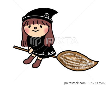Halloween illustration of a cute little witch girl riding a broomstick. Halloween illustration of a cute little witch girl riding a broomstick. 142337502