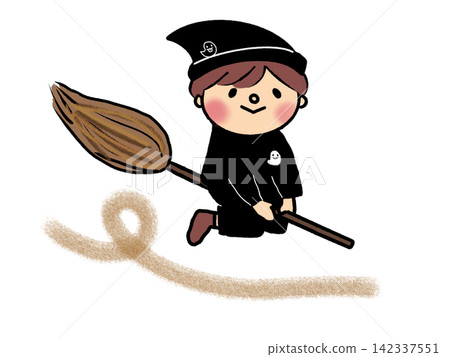Halloween illustration of a wizard boy riding a broom Halloween illustration of a wizard boy riding a broom 142337551