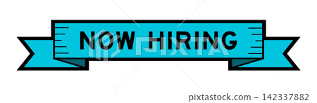 Ribbon label banner with word now hiring in blue color on white background Ribbon label banner with word now hiring in blue color on white background 142337882