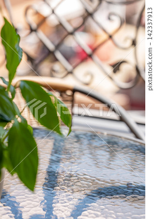 Tropical Green Leaves and Sunlit Cafe Terrace with Bokeh Background Tropical Green Leaves and Sunlit Cafe Terrace with Bokeh Background 142337913