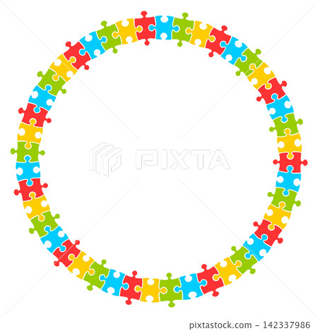 Colorful circular jigsaw puzzle border vector illustration, symbolizing autism awareness, teamwork, unity, and connection. Perfect round frame with copy space for creative designs. Colorful circular jigsaw puzzle border vector illustration, symbolizing autism awareness, teamwork, unity, and connection. Perfect round frame with copy space for creative designs. 142337986