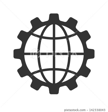 A minimalist black vector icon combining a gear with a globe grid, representing global industry, technology networks, and international integration. Ideal for modern business use. A minimalist black vector icon combining a gear with a globe grid, representing global industry, technology networks, and international integration. Ideal for modern business use. 142338043