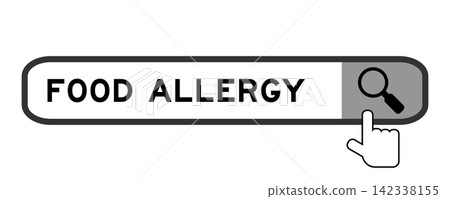 Search banner in word food allergy with hand over magnifier icon on white background 142338155