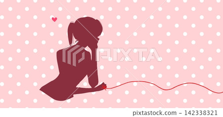 A man tied with the red thread of fate; resting his chin on his hand; silhouette; polka dots; pink; white. A man tied with the red thread of fate; resting his chin on his hand; silhouette; polka dots; pink; white. 142338321