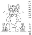 Cute French Bulldog coloring page featuring a playful dog with glasses, bow tie, flowers and hearts. Printable black and white line art for kids. 142338596