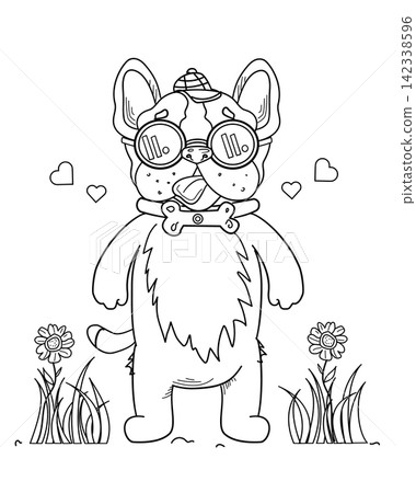 Cute French Bulldog coloring page featuring a playful dog with glasses, bow tie, flowers and hearts. Printable black and white line art for kids. Cute French Bulldog coloring page featuring a playful dog with glasses, bow tie, flowers and hearts. Printable black and white line art for kids. 142338596