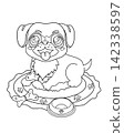 Cute Pug coloring page featuring an adorable puppy relaxing on a patterned cushion. Simple black and white line art for kids, coloring books and printable activities. 142338597