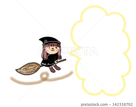 可愛的萬聖節主題女巫女孩騎著掃帚,配有頭髮、備忘錄和對話框邊框。 可愛的萬聖節主題女巫女孩騎著掃帚,配有頭髮、備忘錄和對話框邊框。 142338702