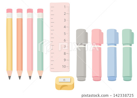 Pastel School and Office Stationery Vector Set with Pencils, Ruler, Sharpener, and Cute Markers Pastel School and Office Stationery Vector Set with Pencils, Ruler, Sharpener, and Cute Markers 142338725