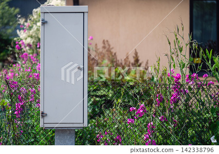 Electrical distribution cabinet in garden near flowers and fence Electrical distribution cabinet in garden near flowers and fence 142338796