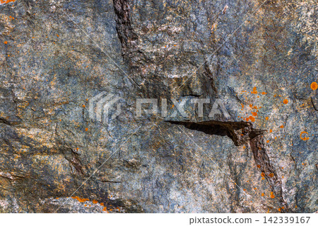 Close-Up of Weathered Rock Surface with Orange Lichen 142339167