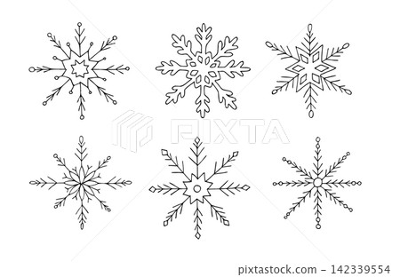 Vector snowflake set with 6 hand drawn linear ice crystals. Minimalist graphic line art collection for winter holiday design isolated on white. Geometric abstract frost elements for New Year greeting Vector snowflake set with 6 hand drawn linear ice crystals. Minimalist graphic line art collection for winter holiday design isolated on white. Geometric abstract frost elements for New Year greeting 142339554