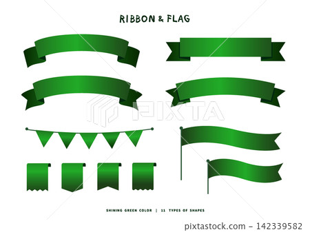 A set of 11 design elements featuring glossy green ribbons and flags (for use as banners, garlands, and bookmarks). A set of 11 design elements featuring glossy green ribbons and flags (for use as banners, garlands, and bookmarks). 142339582