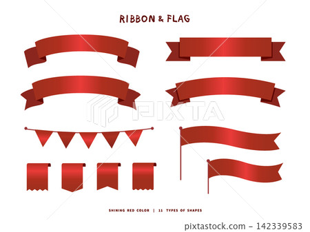 A set of 11 design elements featuring glossy red ribbons and flags (banners, garlands, bookmarks). A set of 11 design elements featuring glossy red ribbons and flags (banners, garlands, bookmarks). 142339583