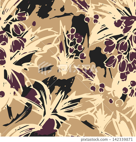 Abstract Berberis Darwinii barberry flowers seamless pattern with artistic brush strokes, spiky leaves, and berries for textile, wallpaper, and print. Abstract Berberis Darwinii barberry flowers seamless pattern with artistic brush strokes, spiky leaves, and berries for textile, wallpaper, and print. 142339871