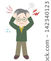 A senior man clutches his head, suffering from a headache. 142340123