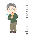 An illustration of a senior man coughing painfully. 142340124
