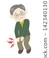 A senior man clutches his knee with his hand, suffering from pain. 142340130