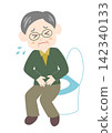 A senior man is sitting on the toilet, clutching his stomach in pain. 142340133